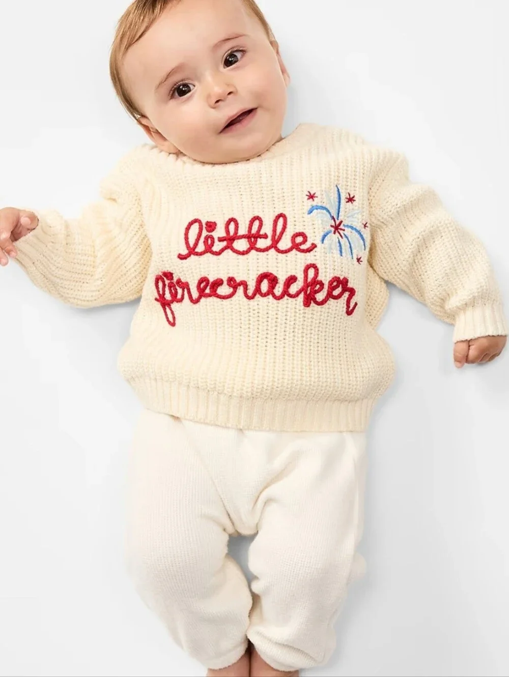 Old Navy Little Firecracker Loose Unisex Knit Baby Sweater Cream 12 - 18 Months
